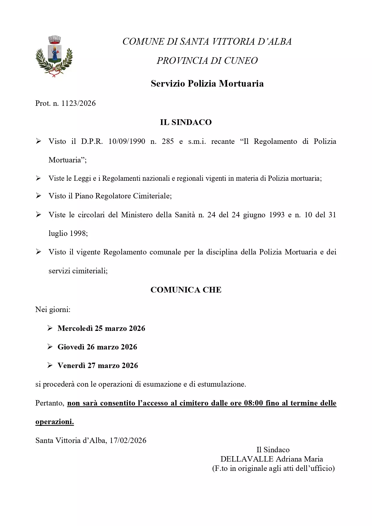 Avviso chiusura cimitero